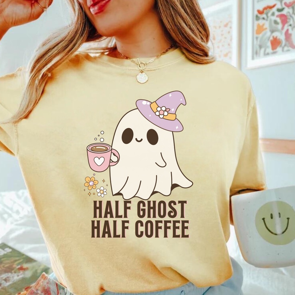 Retro Cute Spooky Coffee Shirt, Half Ghost Half Coffee Pocket Tee, Cute Ghost